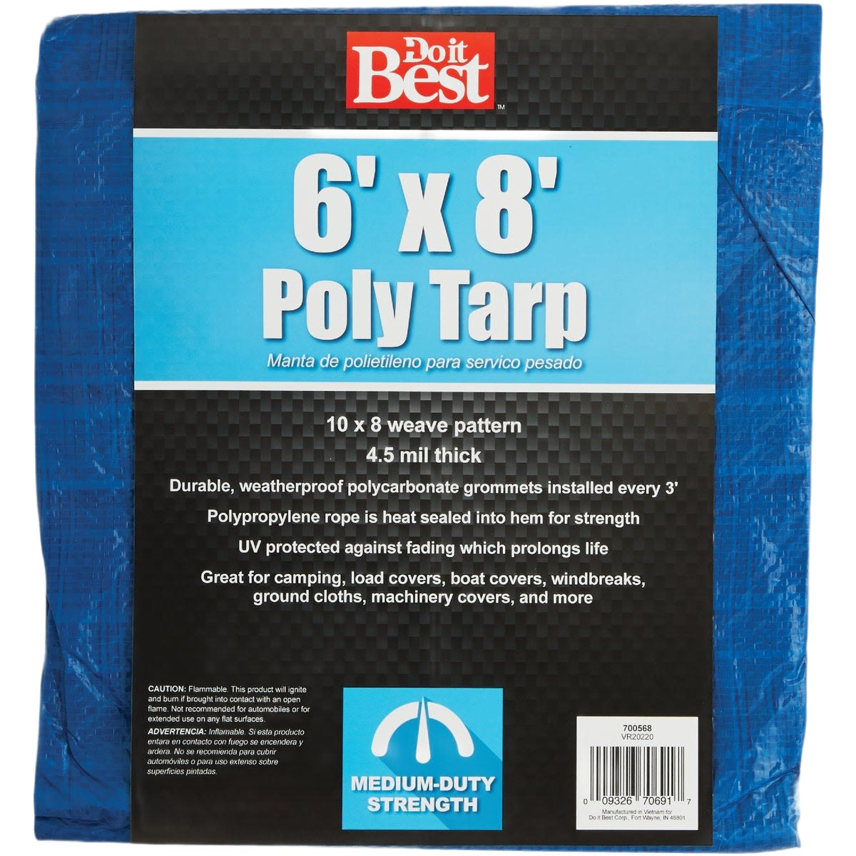Blue medium duty poly tarp with reinforced edges and grommets for durable outdoor and home improvement use