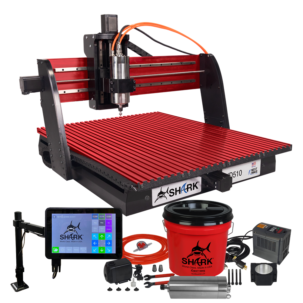 Compact red and black CNC router machine with touchscreen controller and accessories for tools and home improvement use