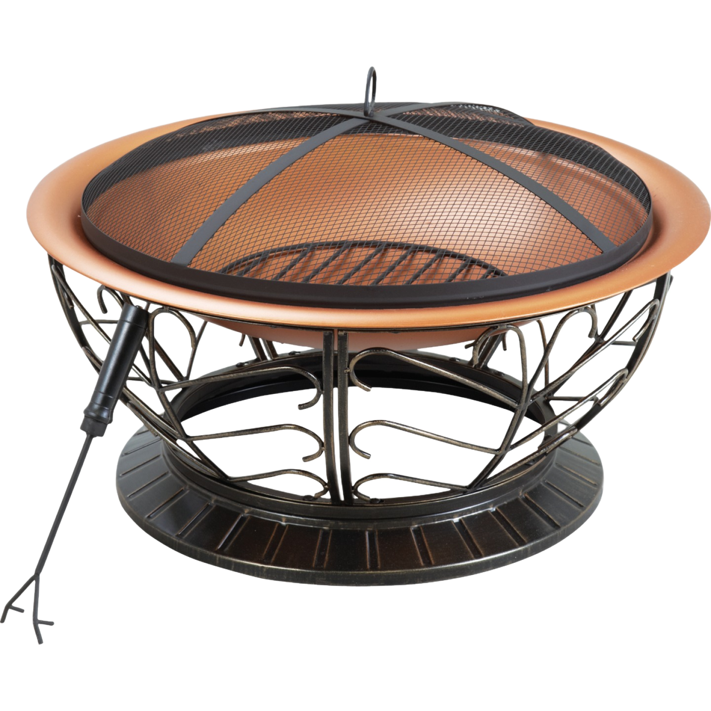 Round steel fire pit with coppertone finish and mesh cover in outdoor living and patio furniture collections