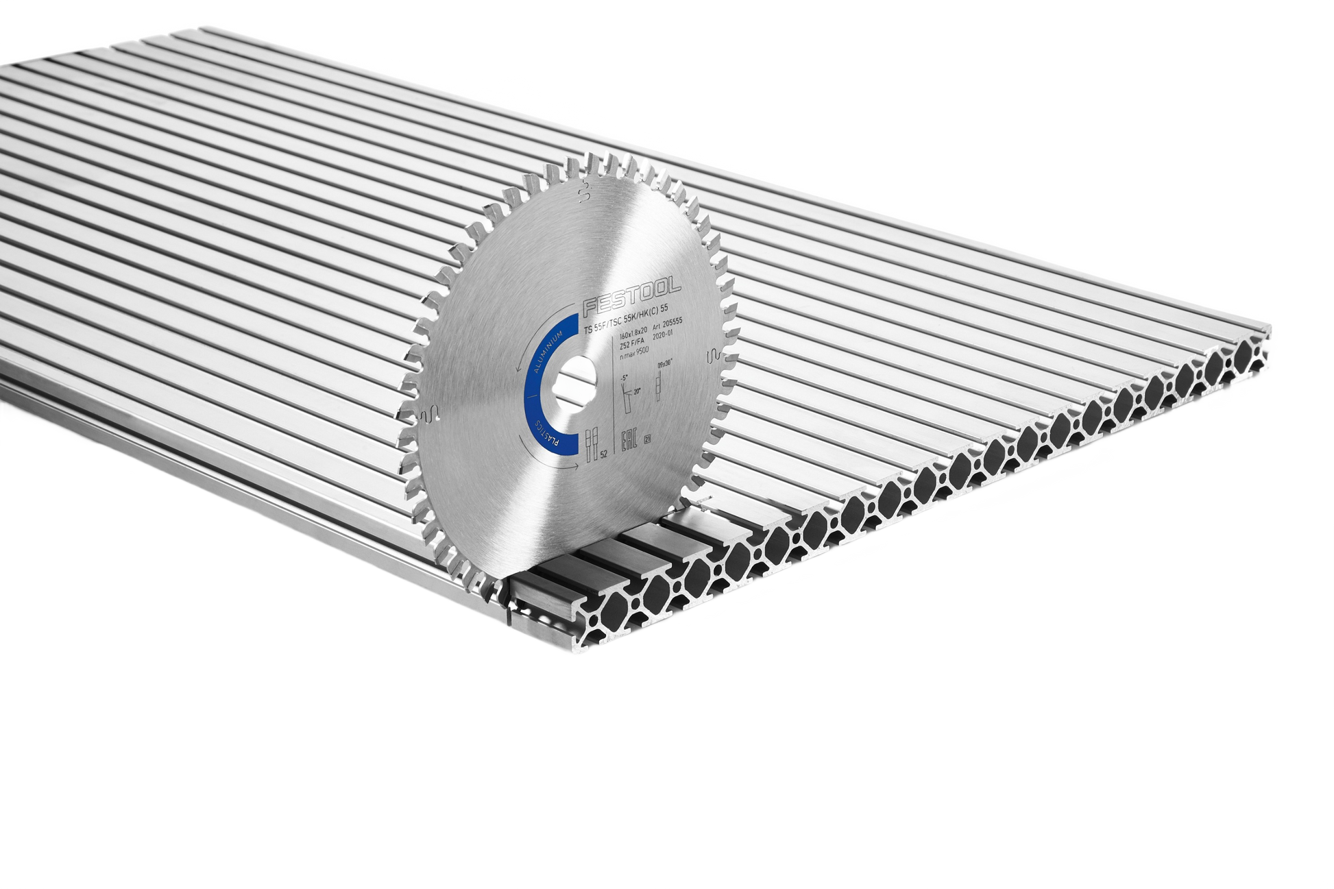 Saw blade with fine grain carbide teeth designed for cutting aluminum and plastics in woodworking tool accessories collections