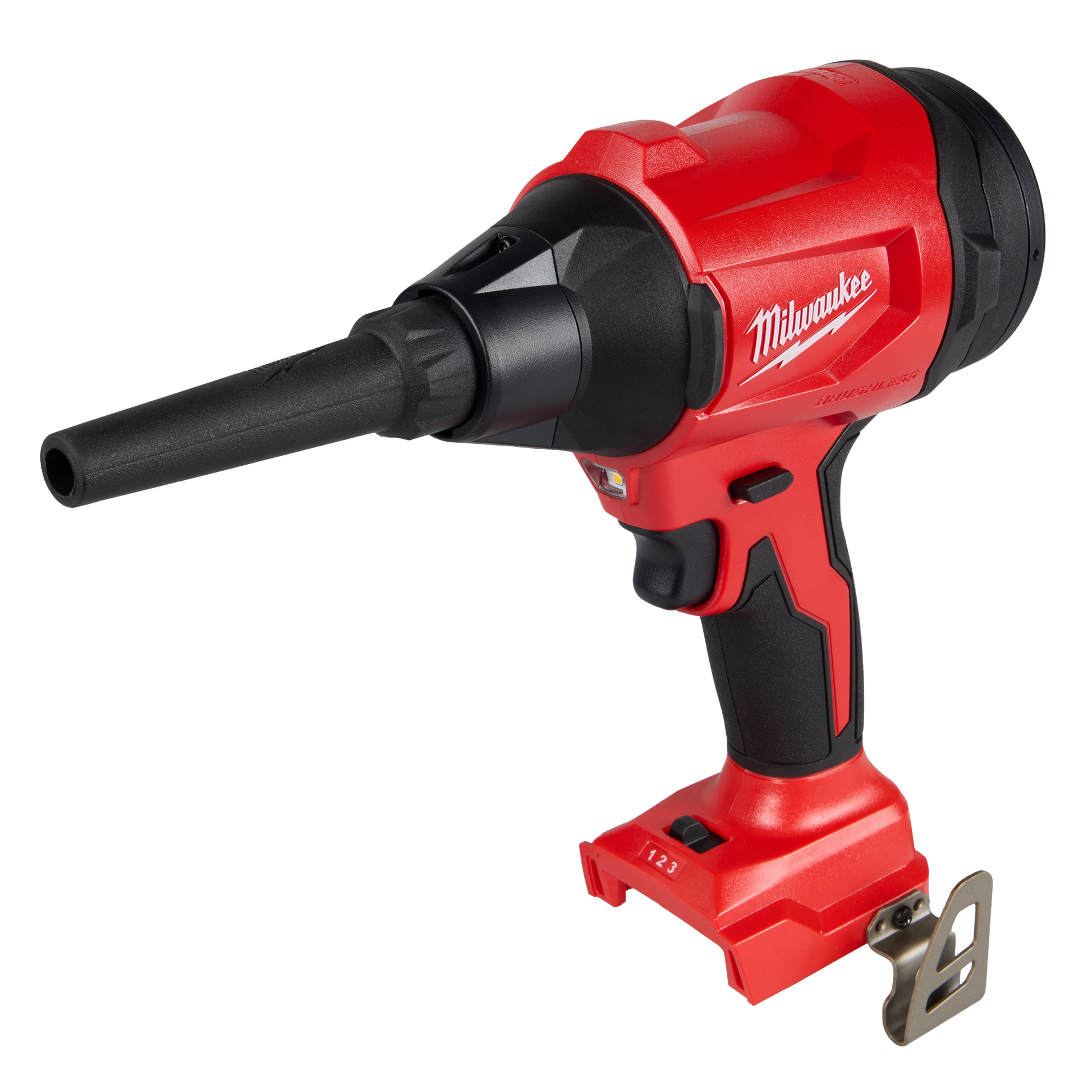 Compact red and black brushless precision blower with ergonomic grip and variable speed trigger, part of Milwaukee M18 electric power tools at Hartville Hardware for home improvement and power tool collections.