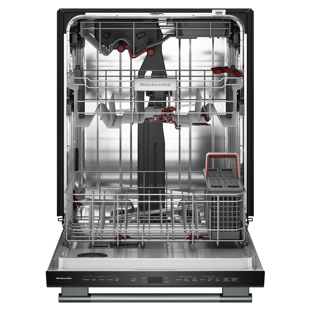 Open KitchenAid dishwasher interior showing spacious three-rack design and stainless steel tub in silver finish