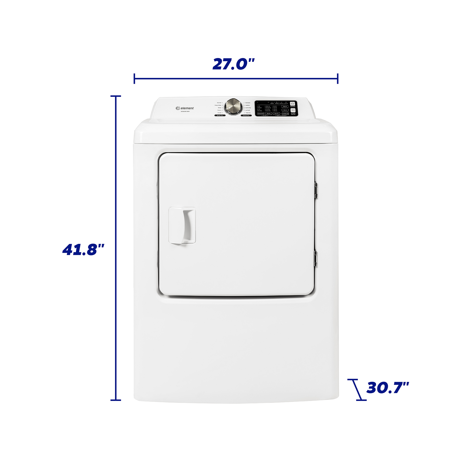 White front load electric dryer with control panel and appliance dimensions for Dryers and Appliances collections
