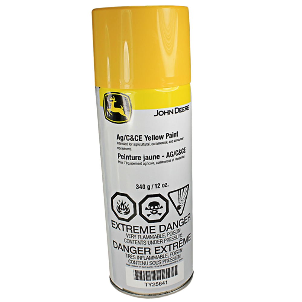 Yellow spray paint can for agricultural and commercial equipment with safety warning labels and John Deere branding