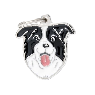 Hand-enameled Border Collie dog ID tag in black and white for personalized pet tags and farm & pet collections under $50