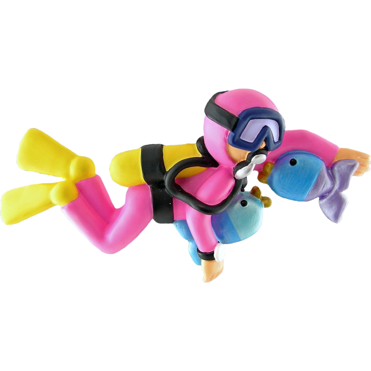 Pink scuba diver ornament wearing yellow fins and black gear swimming with colorful tropical fish in Christmas collection