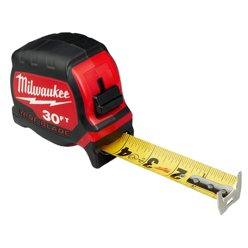 Red and black Milwaukee 30-foot wide blade tape measure with anti-tear coating for home improvement tools collections