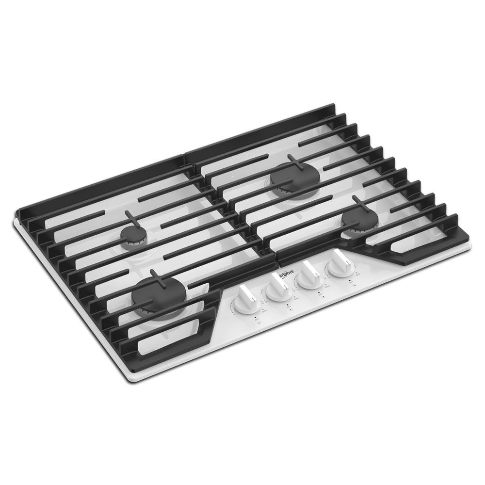 White gas cooktop with four burners, black EZ-2-Lift hinged cast-iron grates, and white control knobs for kitchen use
