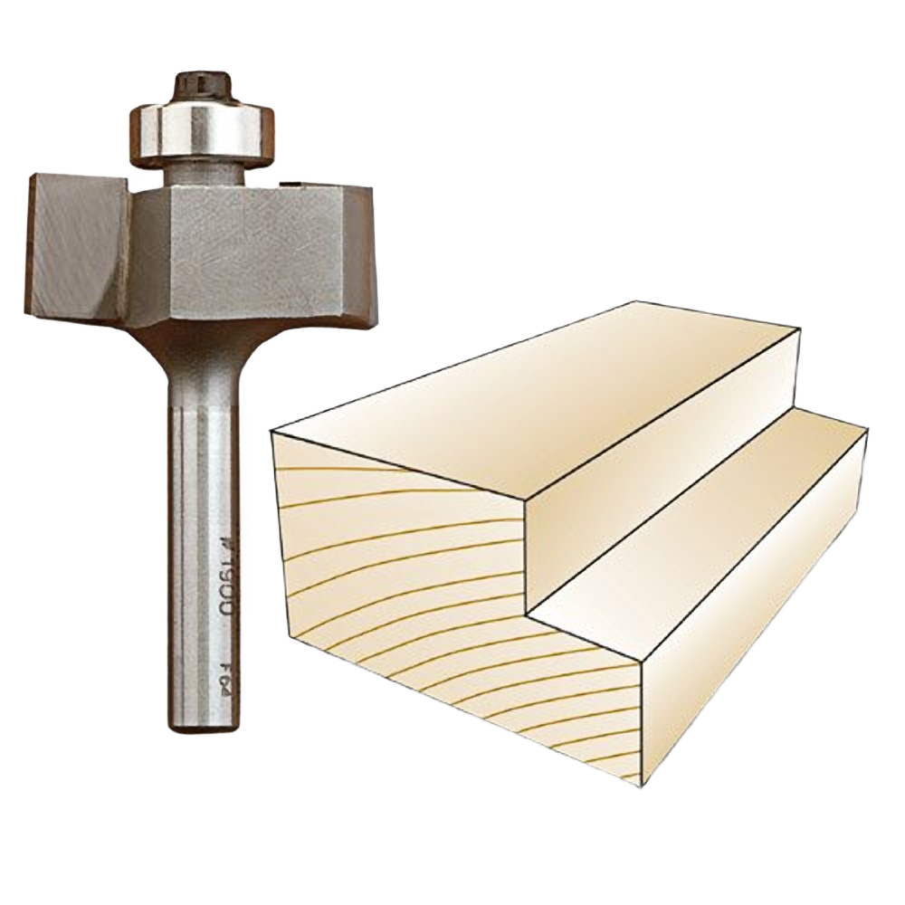 Carbide-tipped rabbeting router bit with bearing and stepped wood profile for clean groove cutting in tool accessories.