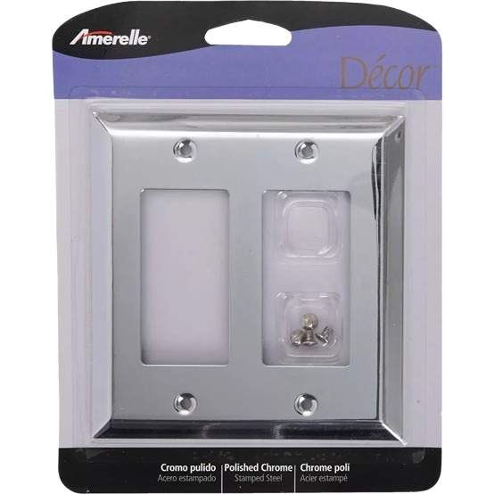 Polished chrome 2-gang stamped steel wall plate with mounting screws for home improvement and tools use