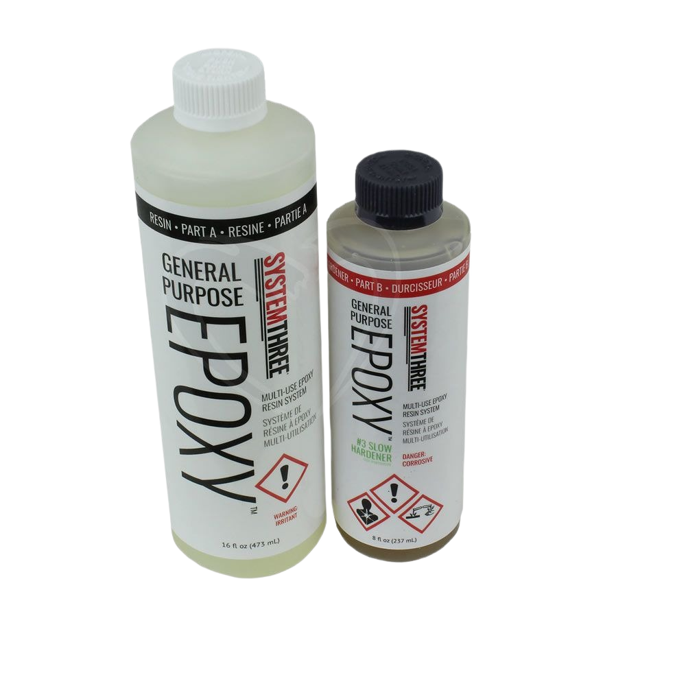 Clear plastic bottles of general purpose epoxy resin and slow hardener for woodworking and home improvement projects