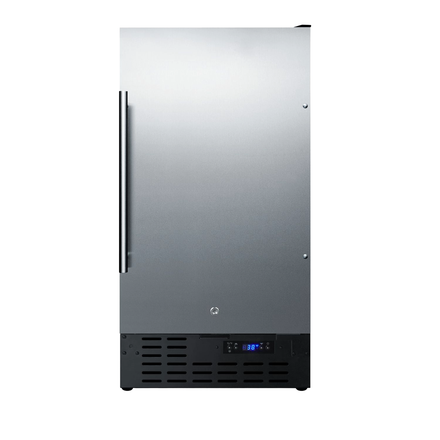 18-inch wide built-in all-refrigerator with stainless steel door and digital display for kitchen appliances and refrigeration