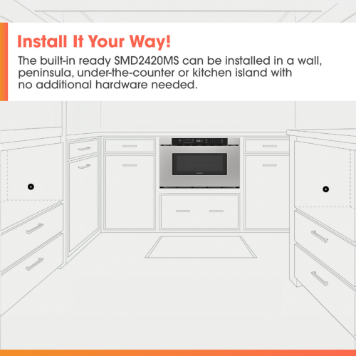 Kitchen with built-in microwave drawer installed under counter, surrounded by white cabinetry in appliances setting