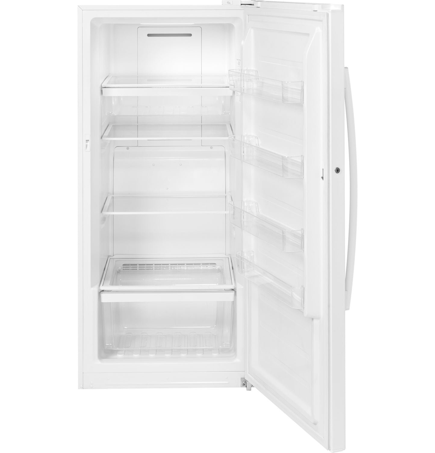 Open white upright freezer with multiple glass shelves and door bins in freezers and kitchen appliances collection