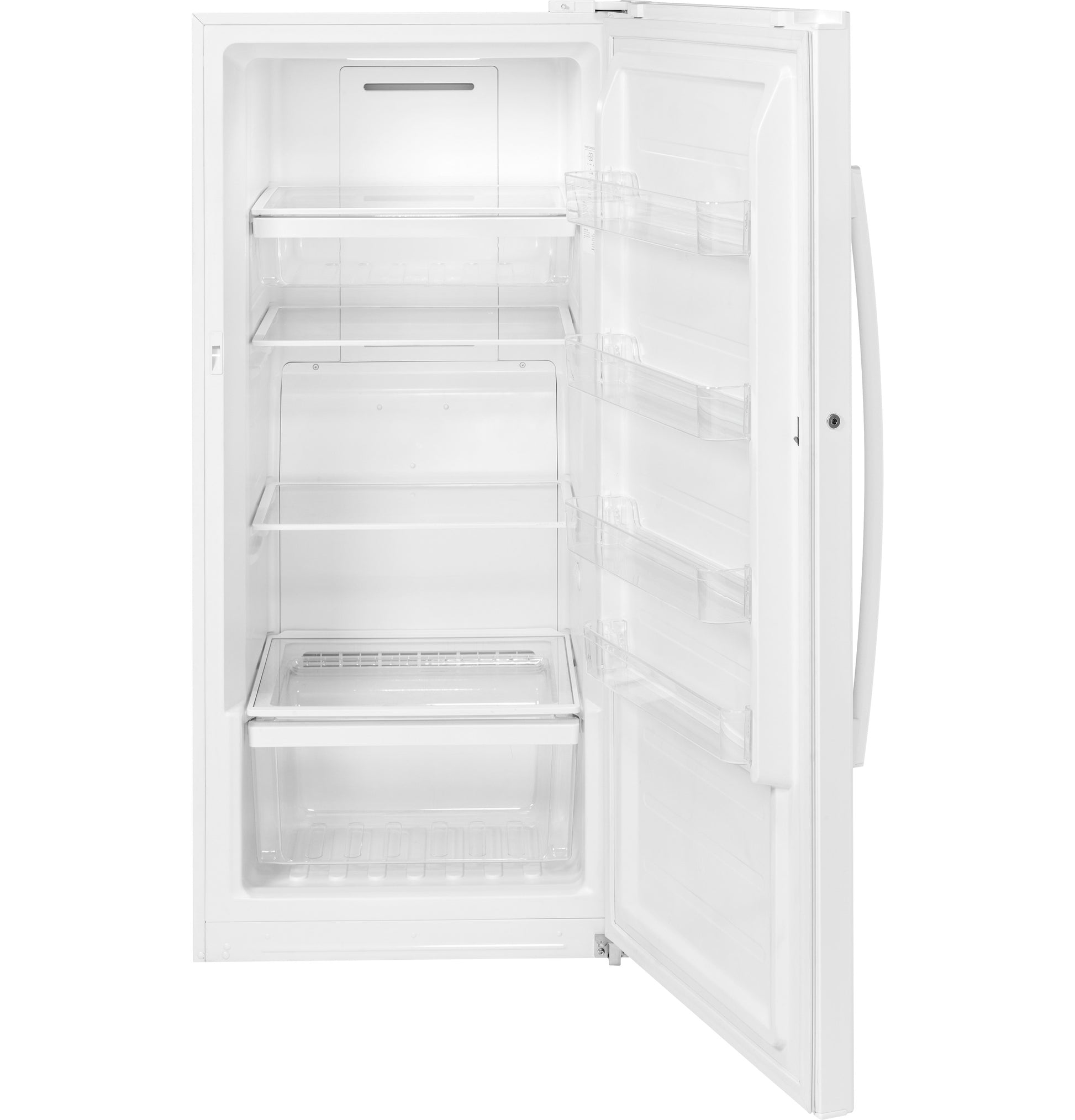 Open white upright freezer with multiple glass shelves and door bins in freezers and kitchen appliances collection
