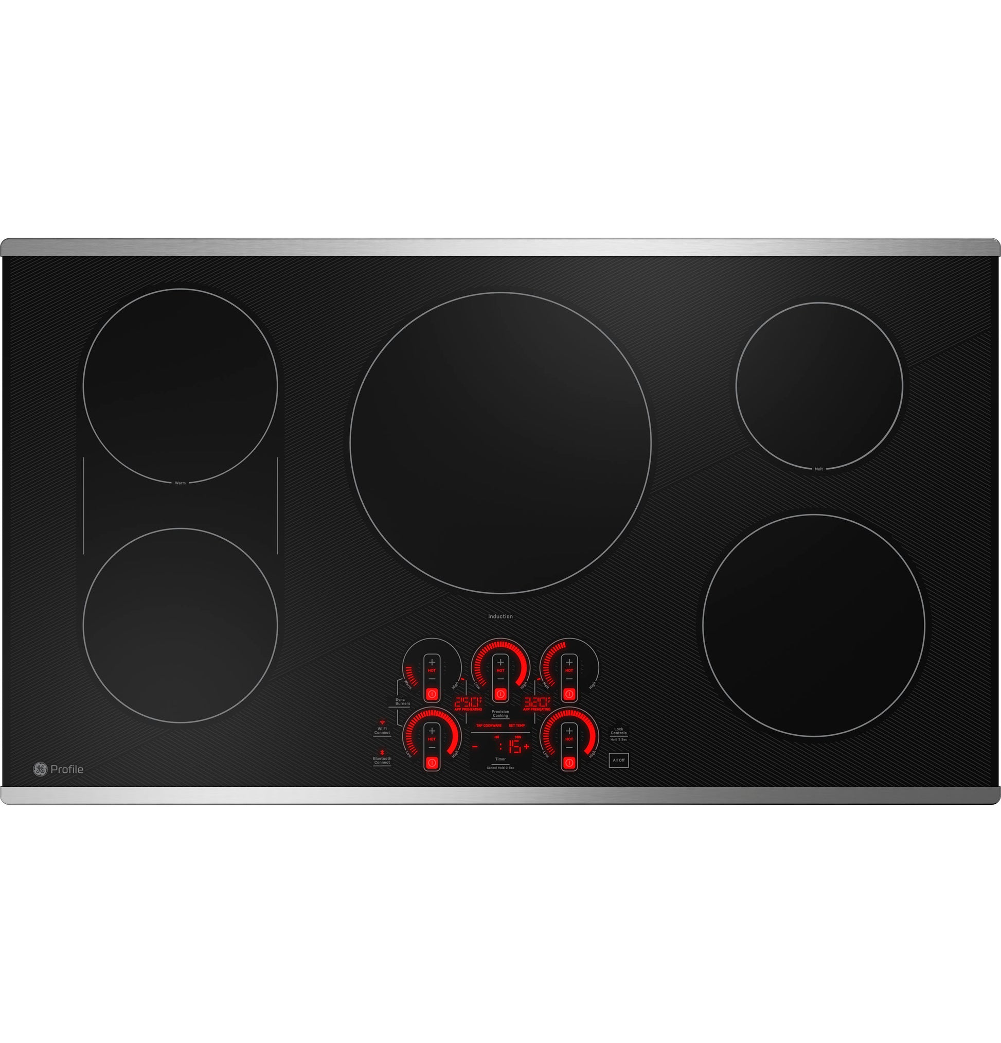 Black touch control induction cooktop with five cooking zones and digital display in induction cooktops collection