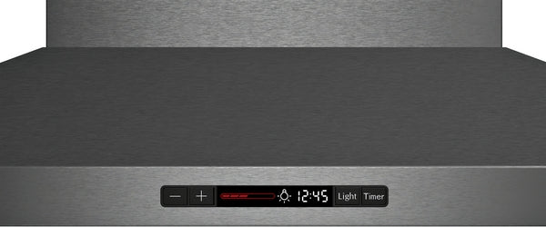 Stainless steel wall hood control panel with digital timer, dimmable lighting, and ventilation settings for kitchen appliances