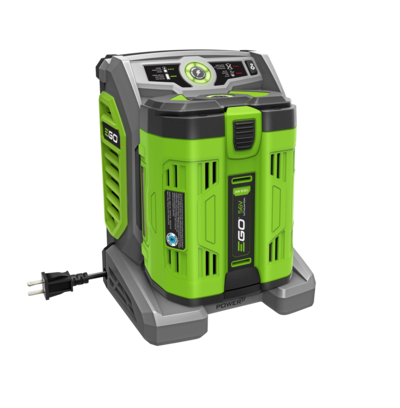 Compact green and gray battery charger with power cord and LED indicators for tools and home improvement use