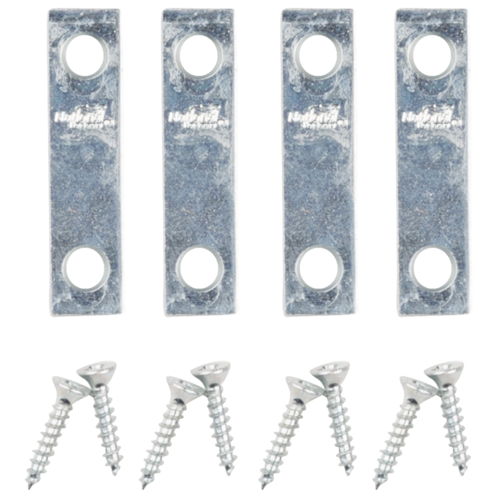 Four zinc steel mending braces with mounting holes and matching screws for building hardware and lumber materials collections