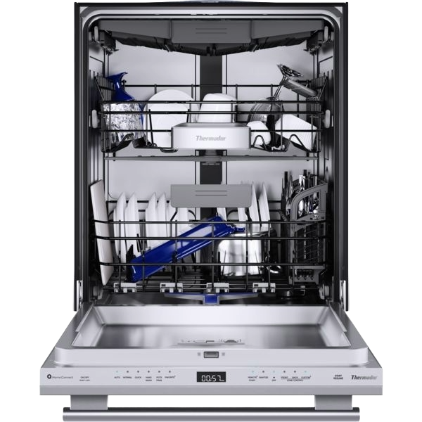 Open stainless steel dishwasher loaded with dishes and silverware from Thermador kitchen appliances collection