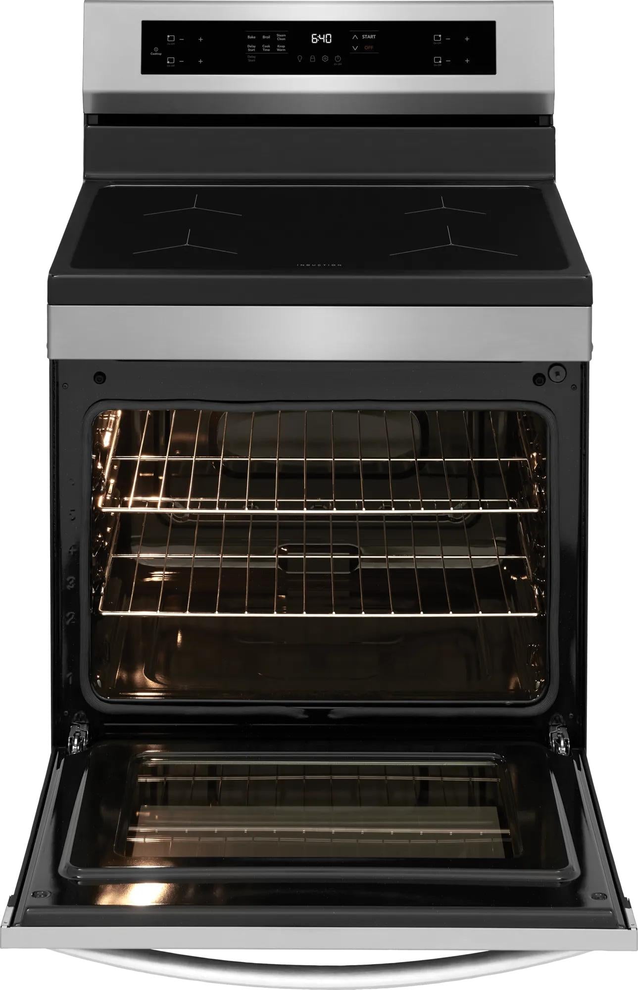 Stainless steel induction range with rear digital controls, smooth black cooktop, and open oven door in kitchen appliances collection