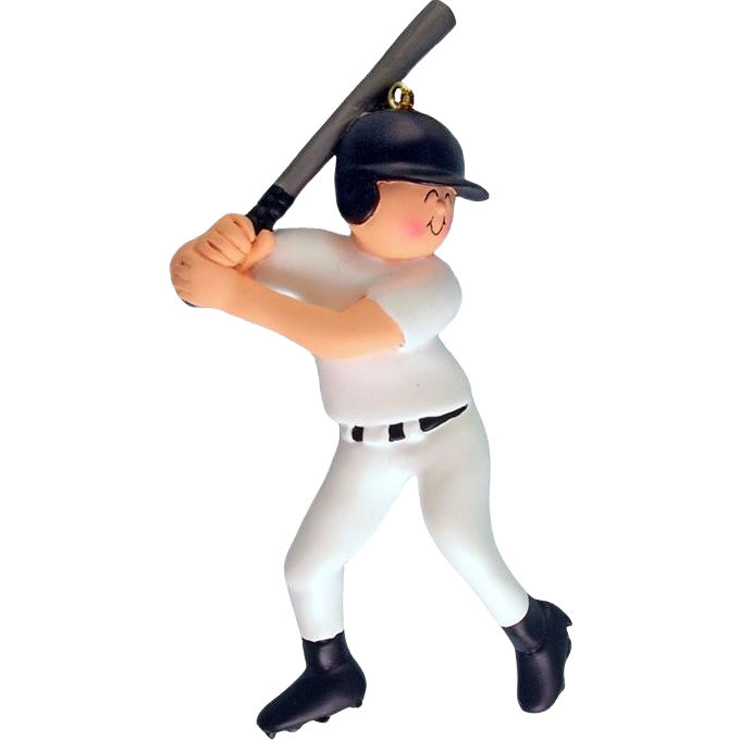 Male baseball player figurine ornament in white uniform and navy helmet, part of Christmas Ornaments & Tree Decorations under $50 collection