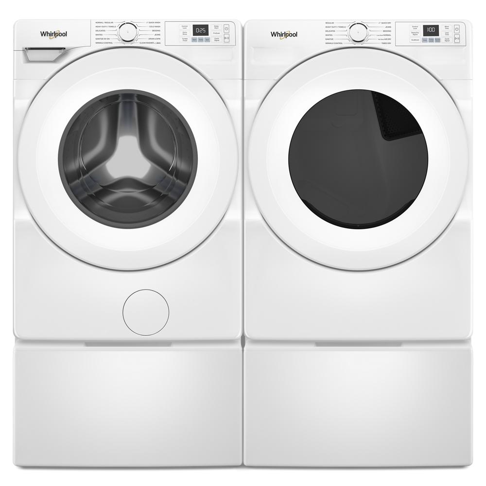 White front load washer and gas dryer set with digital controls in modern laundry appliances collection