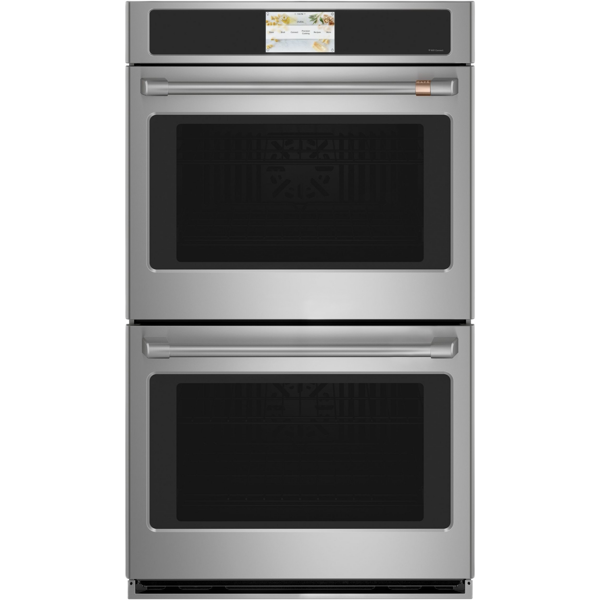 Stainless steel smart double wall oven with convection and digital touchscreen in kitchen appliances collection
