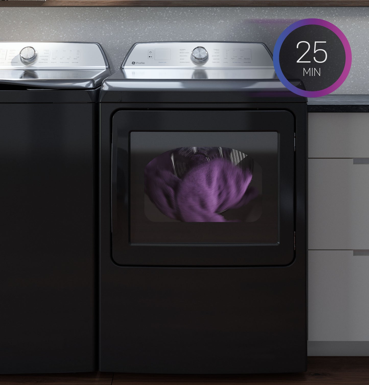 Black electric dryer with aluminized alloy drum in modern laundry room from Dryers and Appliances collections