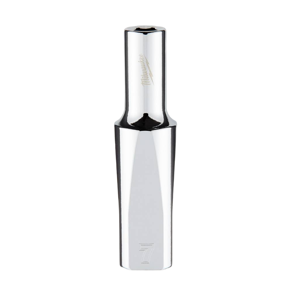 Chrome-finished 7mm deep 6-point socket with six flat sides for secure grip in tools and home improvement projects
