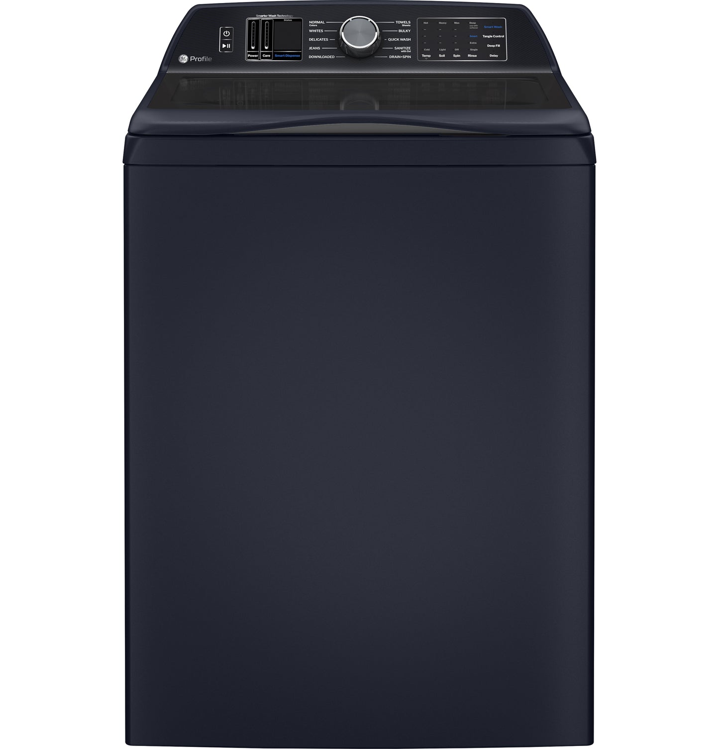 Dark blue top load washer with digital control panel and large capacity in modern appliance setting