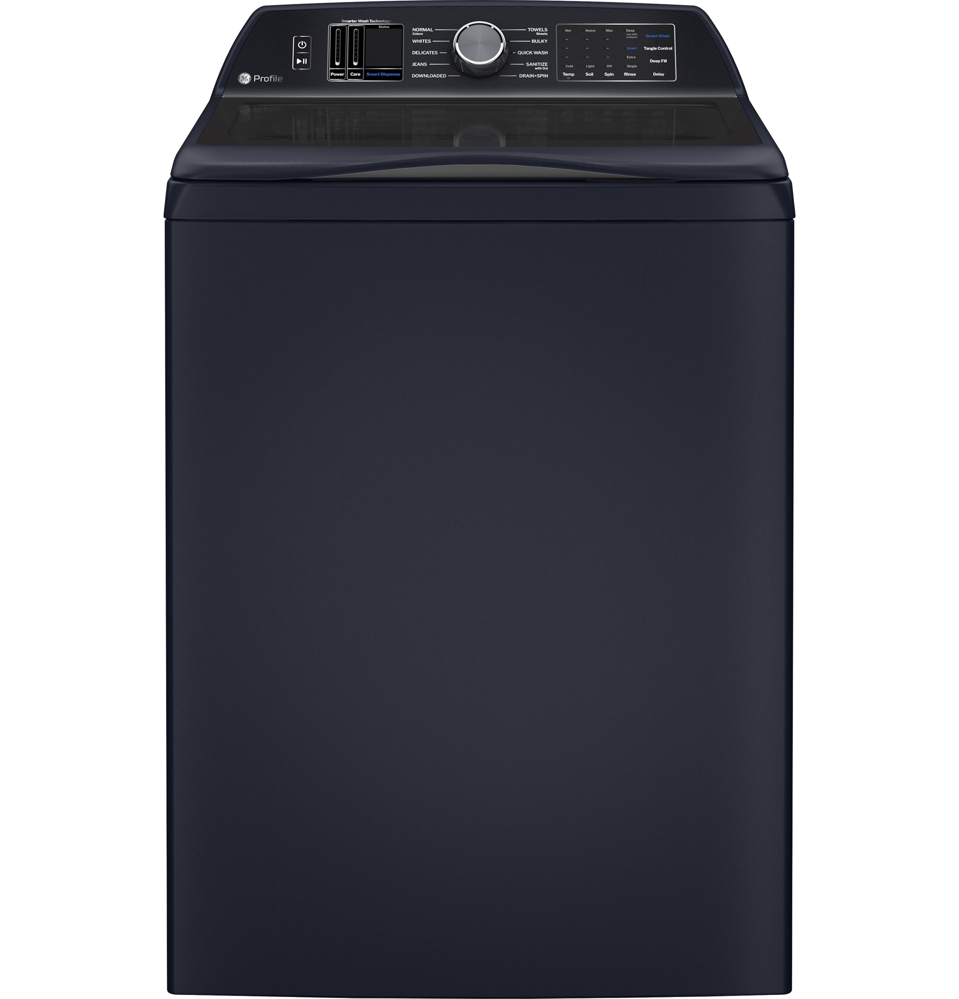 Dark blue top load washer with digital control panel and large capacity in modern appliance setting