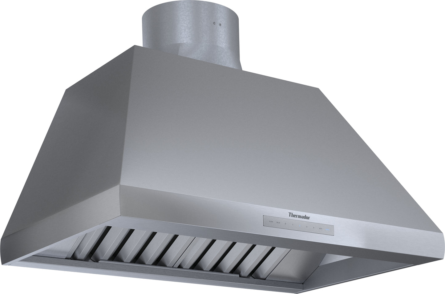 Stainless steel pyramid chimney wall hood with extended capture area for over the range ventilation in kitchen appliances collection