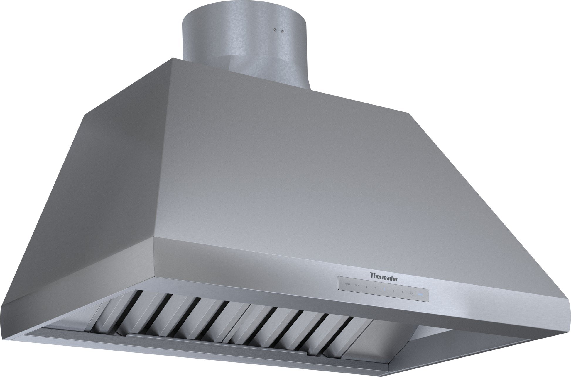 Stainless steel pyramid chimney wall hood with extended capture area for over the range ventilation in kitchen appliances collection