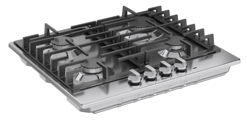 Stainless steel gas cooktop with four high-efficiency burners, cast iron grates, and metal knobs in kitchen appliances collection