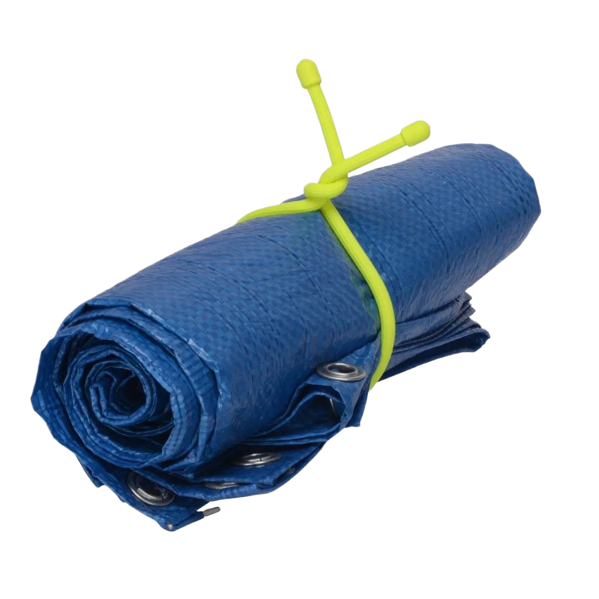 Neon yellow reusable rubber cable tie securing rolled blue tarp in electrical and home improvement tools collection