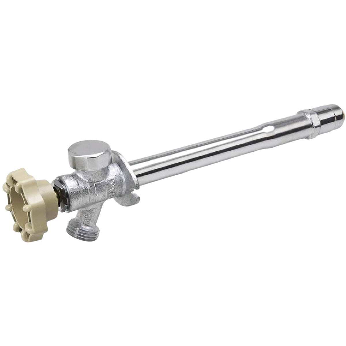 Chrome-plated multi-turn valve wall hydrant with beige handle for outdoor plumbing and home improvement tasks