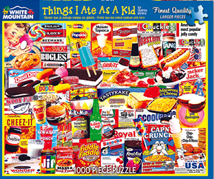 Colorful 1000-piece nostalgic puzzle featuring classic childhood snacks and candies in toys and games and puzzles collections under $50