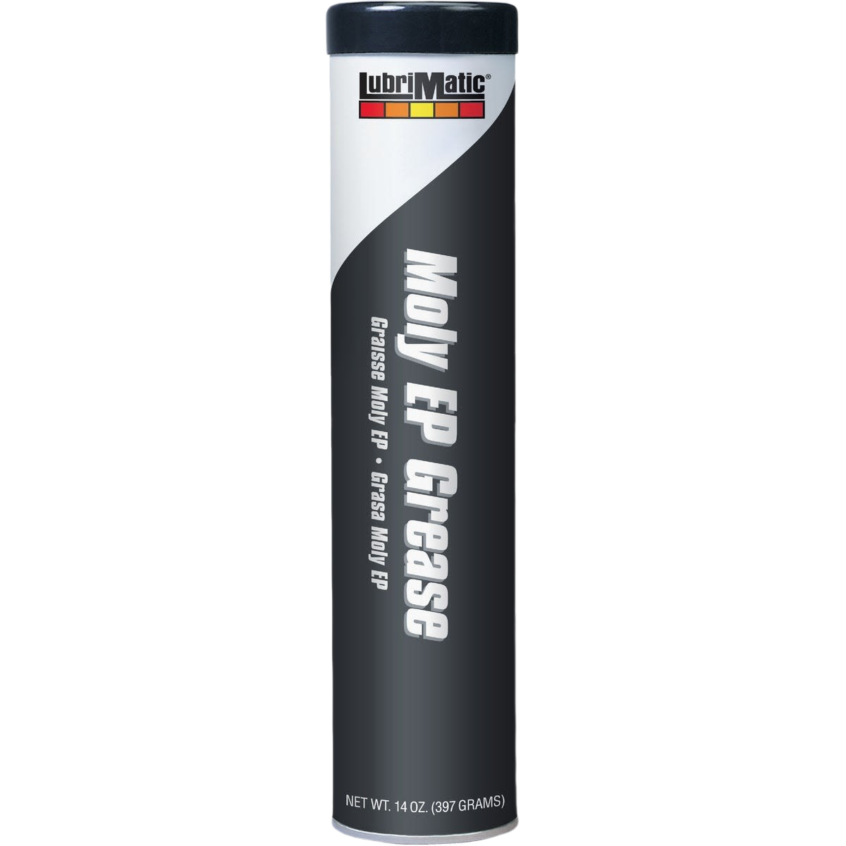 Black and gray cylindrical grease tube labeled Moly EP Grease for automotive fluids and lubricants collection