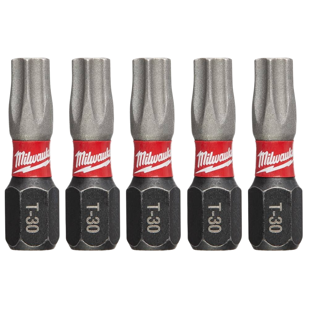 Set of five T30 impact duty drill bits with red band for power tool accessories in home improvement tools under $50