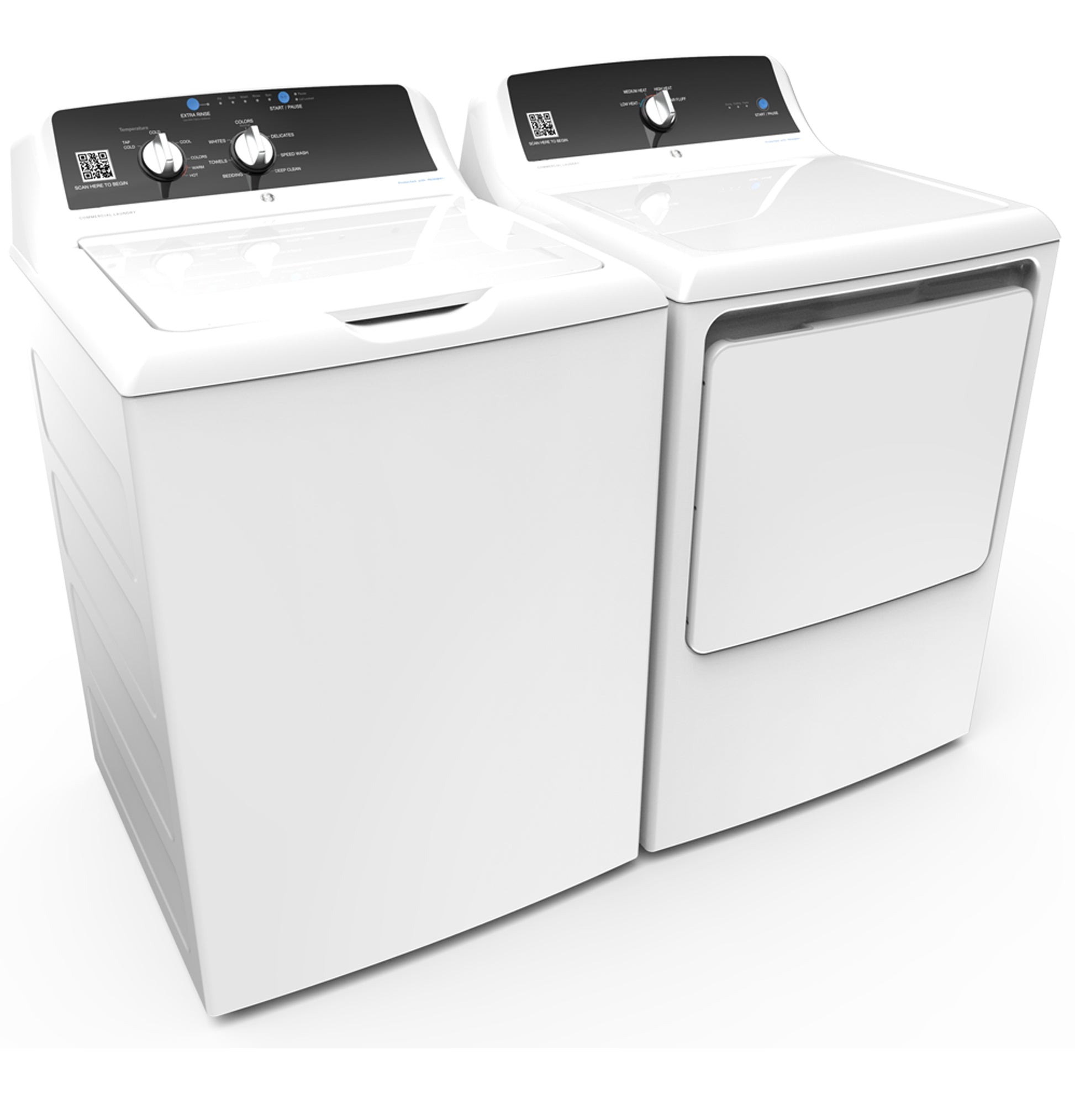 White commercial top load washer and front load dryer with black control panels from washers and appliances collections