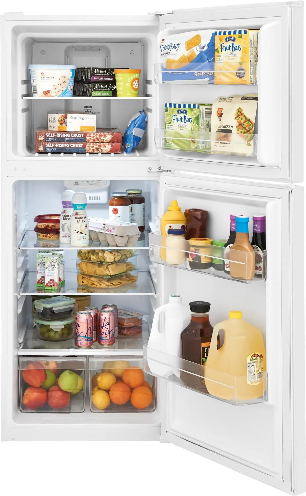 Open white apartment-size top freezer refrigerator displaying organized shelves with various food and beverage items, part of Refrigerators, Top Freezer Refrigerators, Kitchen & Kitchenware, All Products, and Appliances collections.