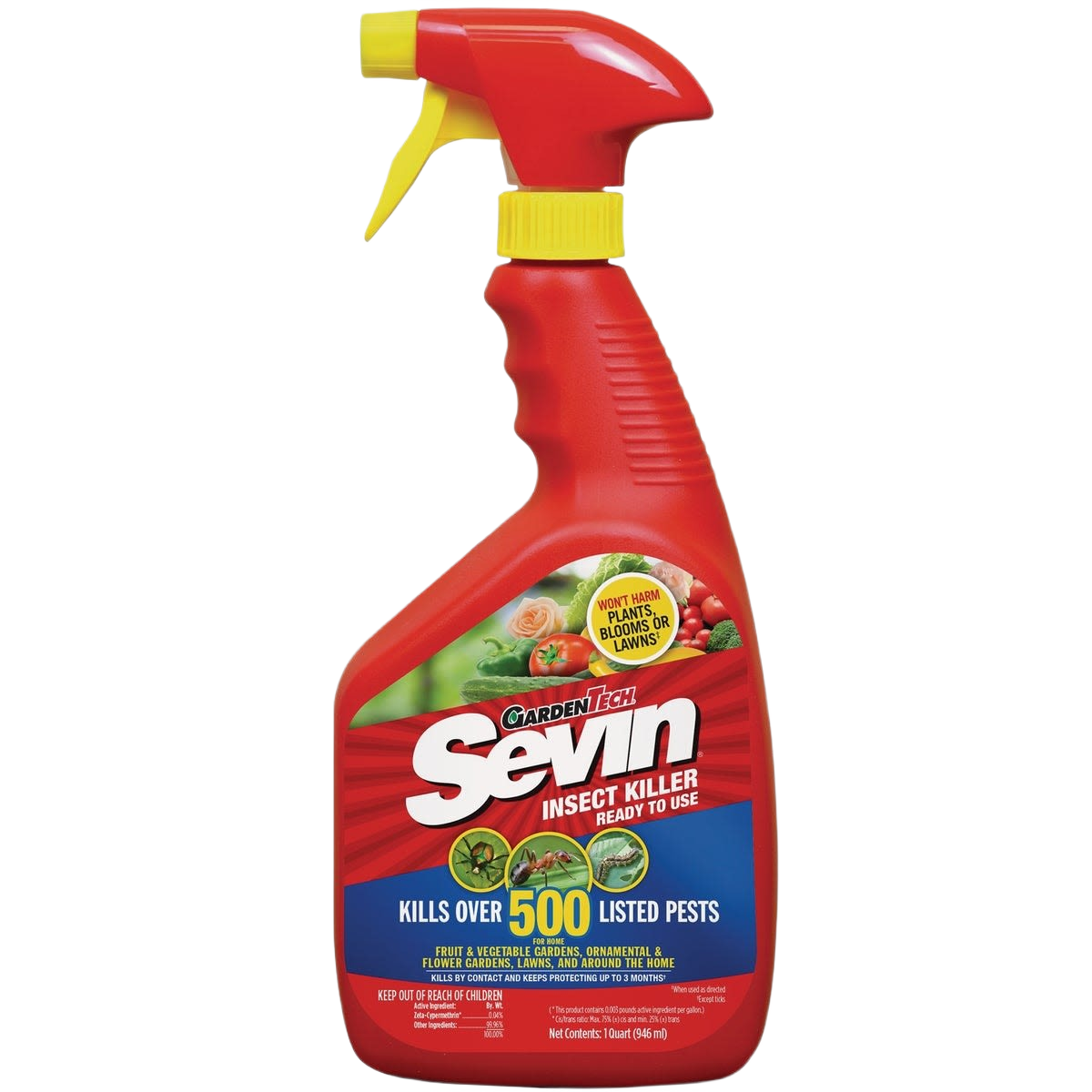 Spray bottle of Garden Tech Sevin insect killer for protecting plants and lawns from over 500 pests in outdoor treatment collection