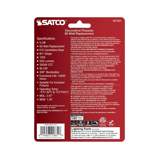 Satco 5.5 watt frosted candelabra bulb with wide 300-degree light spread for home improvement lighting under $50