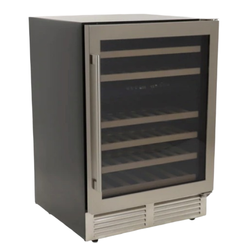 43-bottle dual-zone wine cooler with stainless steel frame, glass door, and wooden shelves from kitchen appliances collection