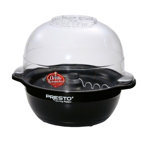 Black 6 quart electric popcorn popper with clear plastic lid and built-in stirring mechanism for kitchen use