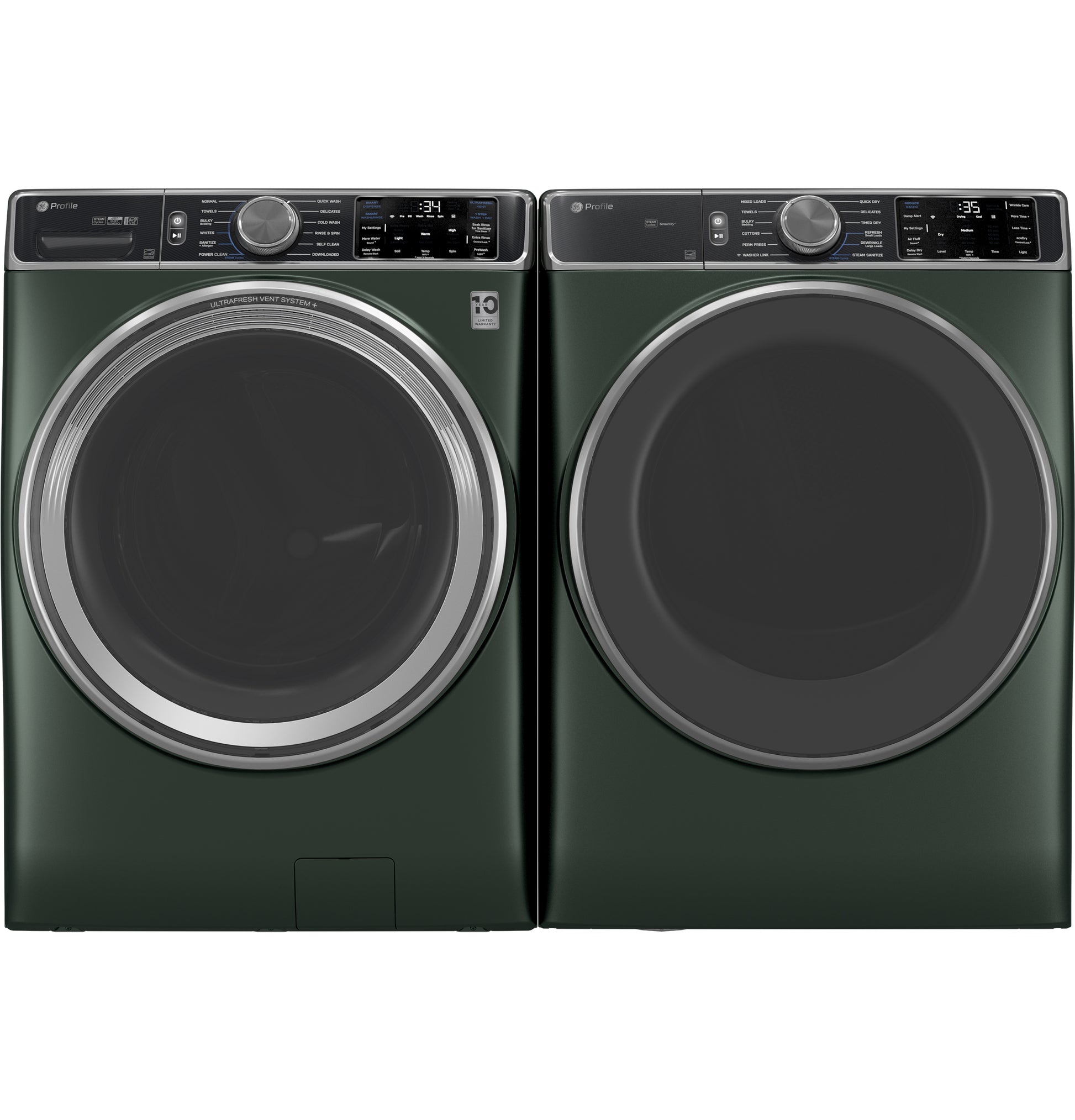 Dark green smart front load washer and dryer pair with digital control panels in Dryers and Appliances collection
