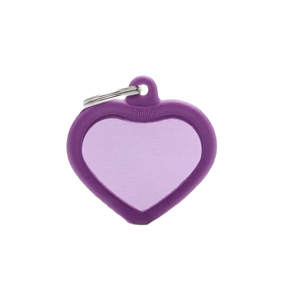 Purple heart-shaped ID tag with durable frame and metal keyring for pet identification and everyday use