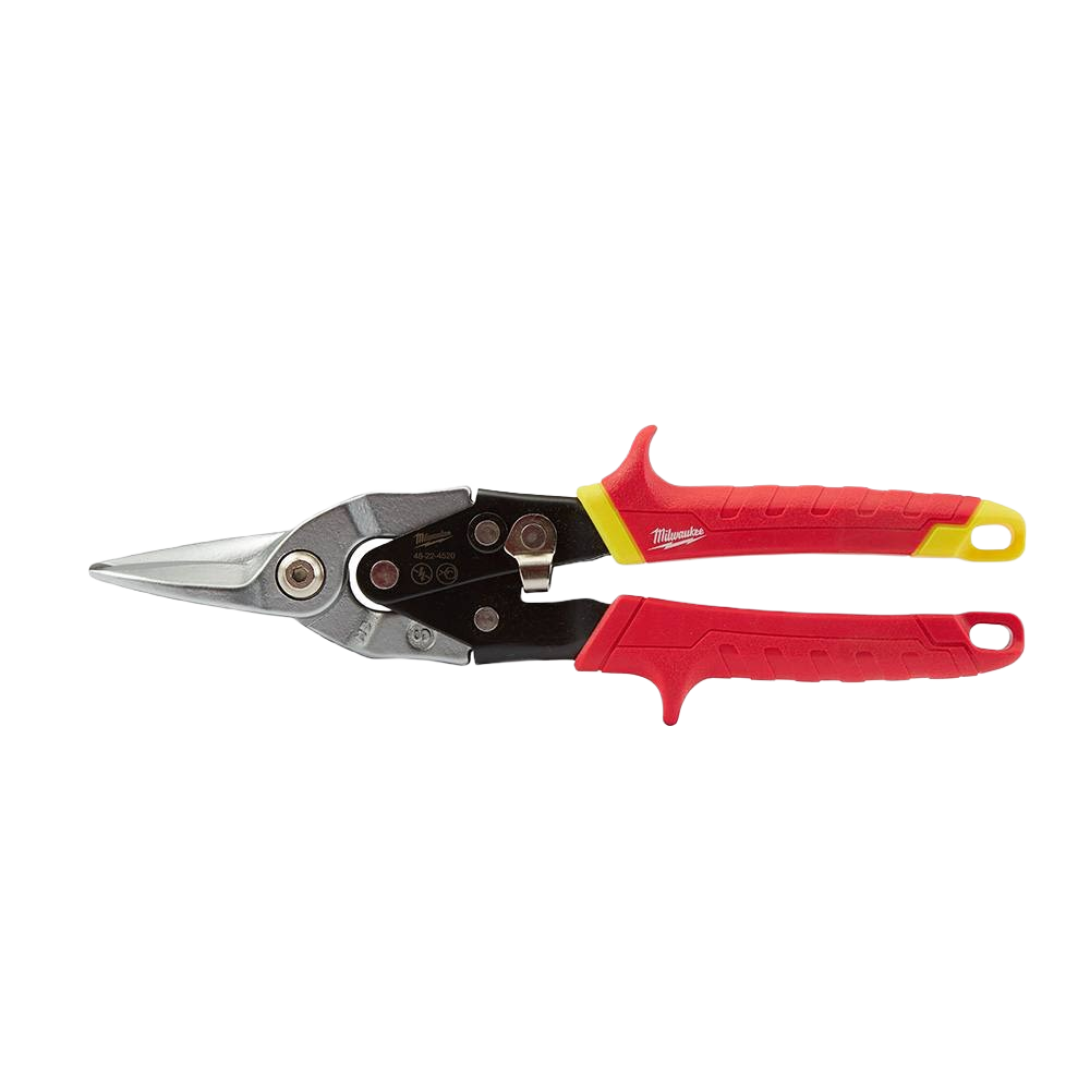 Red and yellow handled straight cutting aviation snips with sharp metal blades for precise home improvement cutting tasks