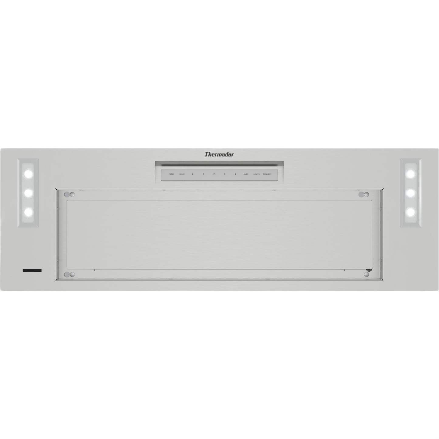 Stainless steel custom insert kitchen hood with built-in LED lights and touch control panel from Thermador Appliances collection